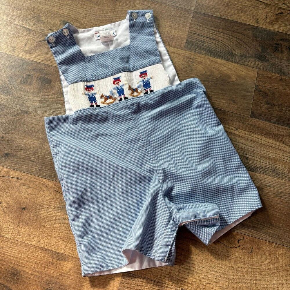 Silly Goose Boys 12M Raggedy Ann Andy Smocked John John Romper Preppy Boardwalk